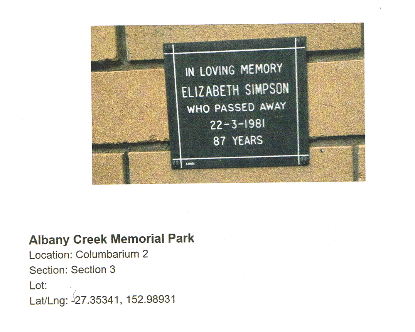 Photo of headstones/Elizabeth Simpson (nee McLennan) d1981 plaque Albany Ck Mem Pk
